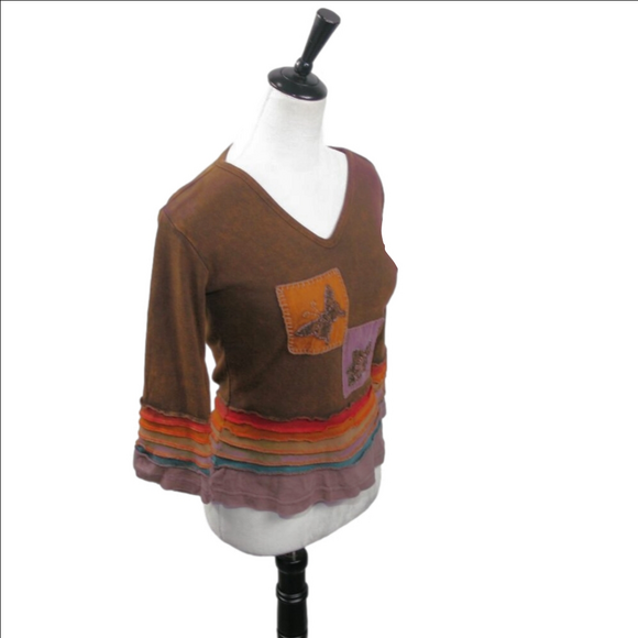 Studio Produce Boho Patch V-Neck Knit Top Size Small - Picture 5 of 6